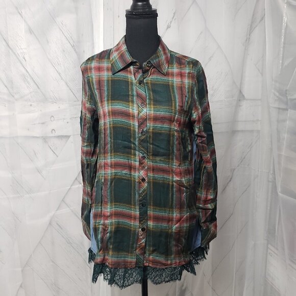 Logo Green Plaid Lace Chambray Modal Button Down Tunic Blouse Size 6 - Picture 13 of 13